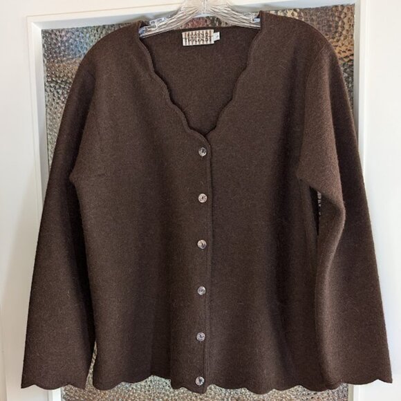 Beyond Threads Alpaca Sweater Jacket Wool Rich Brown Scalloped Edges Structured - Picture 1 of 16